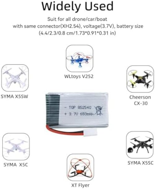 3.7v Drone Lipo Battery – 2 Pack 650mAh Rechargeable Batteries for SYMA X5 Serial UVA Quadcopter Drones XH2.54 Connector with 2 Chargers SYMA X5C X5SW X5SC WLtoys V252 XT Flyer