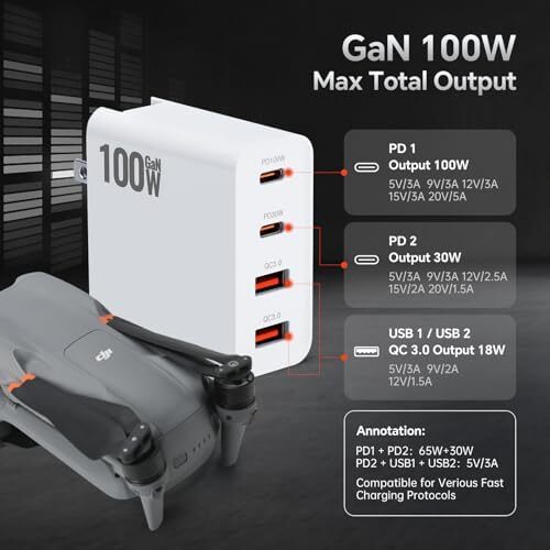 RCstyle Drone Power Adapter,100W GaN Charger 4-Port, Dual PD (100W/30W) and QC3.0 Port Fast Charger,for DJI Flip, DJI Avata 2,DJI NEO,Air 3S,Air 3,Mini 2,Mini 3 Pro,Mini 4 Pro,Air 2s,Drone Accessories