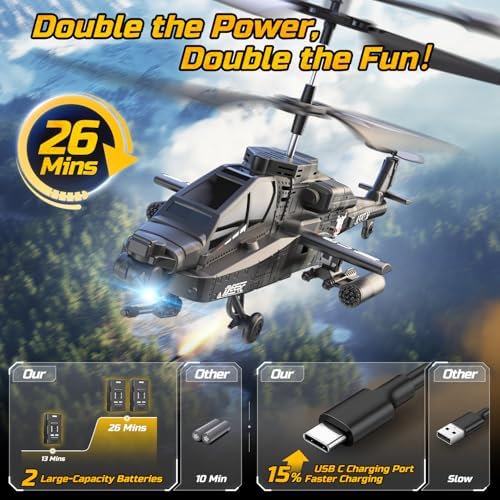 DEERC Apache RC Helicopter for Kids & Adults, Military Remote Control Helicopter Toy with LED Lights, 2 Batteries & USB-C Charging, 26 Mins Flight, Altitude Hold, Gift for Boys Ages 8-12 - Image 3