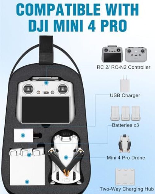 Mini 4 Pro Case, Waterproof Hard Carrying Case, Portable Travel Drone Sling Backpack, Crossbody Bag Compatible with DJI Mini 4 Pro, RC 2/ RC-N2 Controller, Fly More Combo and Accessories