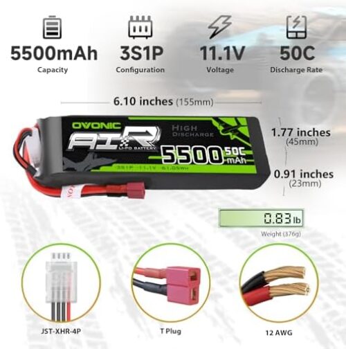 OVONIC 3s Lipo Battery 50C 5500mAh 11.1V Lipo Battery with Dean-Style T Connector for RC Airplane Quadcopter Helicopter FPV Drone(2 Packs)