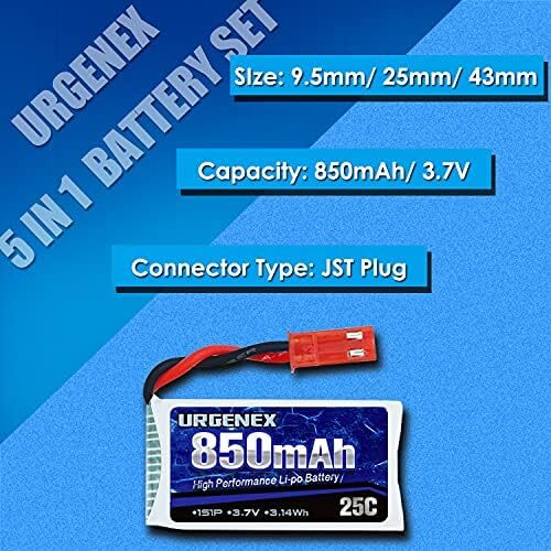 URGENEX 3.7V Lipo 850mah Rechargeable Lipo with JST Plug X5 Charger for MJX Syma Holy Stone Sky Viper RC Quadcopter Drone X56W X400 X400W X300C X400C X800 HS110 HS200 S670 V950hd S1750 V2450