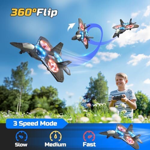 Foam Drone RC Airplane for Kids and Beginners, Remote Control Plane Fighter Jet with Light, Auto Hovering, 360° Flip and 2 Batteries (16 Mins)