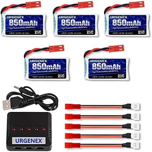URGENEX 3.7V Lipo 850mah Rechargeable Lipo with JST Plug X5 Charger for MJX Syma Holy Stone Sky Viper RC Quadcopter Drone X56W X400 X400W X300C X400C X800 HS110 HS200 S670 V950hd S1750 V2450