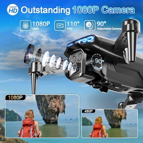 Drone with Camera 1080P HD, FPV Foldable Drone for Adults Kids, One-Key Take Off/Landing, 3D Flips, Altitude Hold, Speed Adjustment, Headless Mode, 2 Batteries, Toys Gifts for Boys Girls