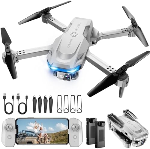 Drone with 1080P Camera – Foldable Remote Control Quadcopter with Voice Gesture Control, 3D Flip, One Key Start, Emergency Stop, 2 Batteries, Easier to use, Toy for Adults Beginners, Grey