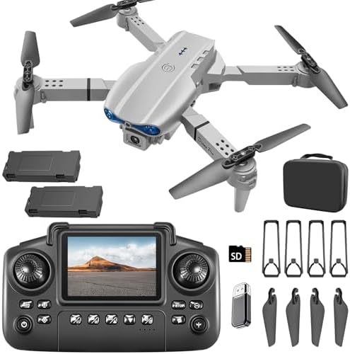 E99 Drone with Screen Controller, Two-batteries, Altitude Hold, One Key Take Off/Landing, Active Obstacle Avoidance. with Black Outdoor Carrying Case. (White – 2 batteries)