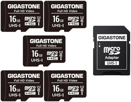 GIGASTONE 16GB 5-Pack Micro SD Card, FHD Video, Surveillance Security Cam Action Camera Drone, 85MB/s Micro SDHC UHS-I U1 Class 10, with Adapters