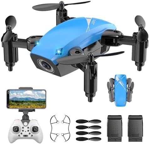 Drones for Kids with Camera, Mini RC Quadcopter Toy with Foldable Wings, Voice & Gesture Control, Altitude Hold, Full Propeller Guard, 2 Batteries, Birthday Gifts for Boys and Girls Ages 8-14 (Blue)