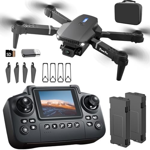 E88 Drone with Screen Controller with SD card, Foldable Mini Drone for Beginners, 2 Batteries, 360° Flips Waypoint Fly, Active Obstacle Avoidance, One Key Take Off/Landing. (2 batteries – Black)