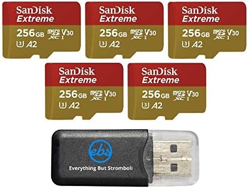 SanDisk Extreme V30 A2 (5 Pack) 256GB MicroSD Card for DJI Mavic Mini 2, Mavic Mini, Mavic Air 2 Drone – C10 U3 A2 (SDSQXA1-256G-GN6MN) Bundle with 1 Everything But Stromboli Micro Memory Card Reader