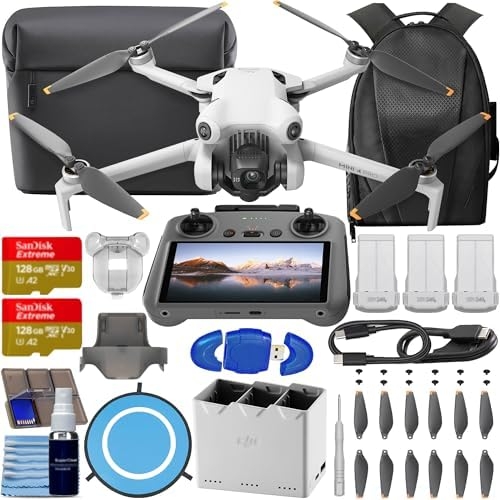 DJI Mini 4 Pro Drone Fly More Combo with RC 2 Controller (With Screen) Folding Drone with 4K Video, Under 249g, 34 Mins Flight Time, Vision Sensing 3 Batteries Bundle with 2X 128GB Memory Card, CPS 2 Year Warranty + Pilot Kit
