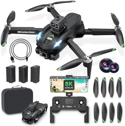 8K Camera Drones for Adults – V168 5G HD Brushless GPS Drone with Camera, 3 Batteries, Auto Return, Follow Me Mode, Obstacle Avoidance – Drones for Adults 14+ 1640ft Range FPV