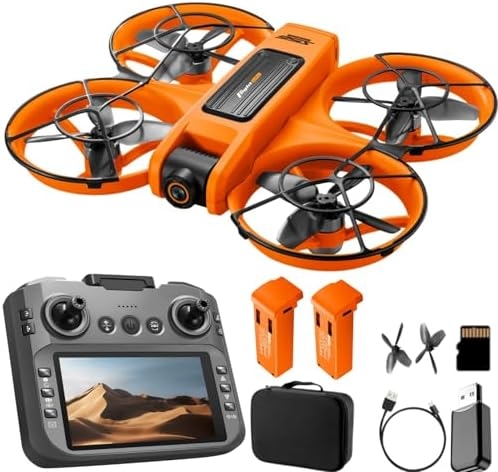 RC Drone With Screen On Controller (4.92in), UHD Dual Camera, Brushless Motor, Optical Flow Hovering, 360° Propeller Guard, 6-Axis Gyro, Headless Mode, One-Key Takeoff/Landing, 3-Speed Adjustable, 50X Zoom, Gesture Control, Trajectory Flight, Night LED, 2Batteries, 8GB Card, Beginner-Friendly FPV Remote Control Plane Copter Quadcopter (Orange)