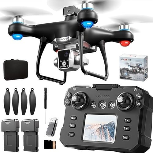 KY102 Drone with Screen Controller with SD card, Brushless Motor, Optical Flow Localization, Active Obstacle Avoidance, 2 batteries, One Key Take Off/Landing. (2 batteries – Black)